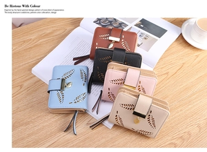 Short leather wallets for women with laser-cut leaf pattern in five elegant colors