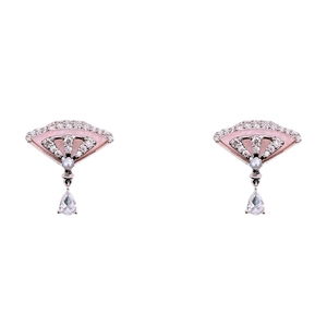 Elegant fan-shaped earrings with pink stones, small diamonds and a hanging pearl drop