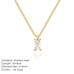 Gold stainless steel necklace with rectangular zircon pendant on white background