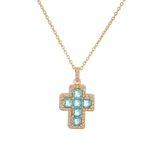 Cross necklace featuring blue square zircon pendant with crystals on gold chain