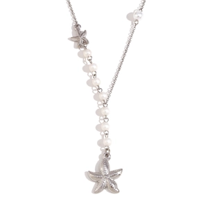 Elegant silver starfish and white pearl beaded necklace on a clean white background