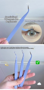 Precision eyelash tweezers in light blue finish with curved tips for easy application