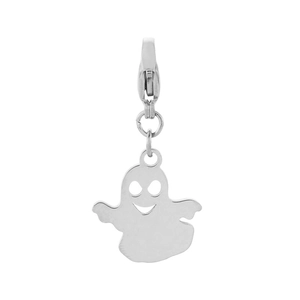 Detailed view of silver ghost charm with snap hook for Halloween jewelry making