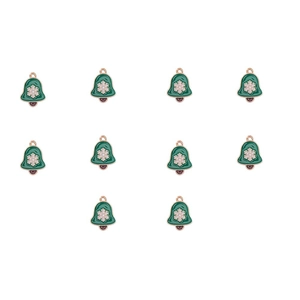 Detail of ten green bell charms with snowflake patterns for DIY jewelry making
