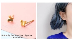 Detailed macro view and model wear of 0.5cm minimalist gold butterfly stud earrings