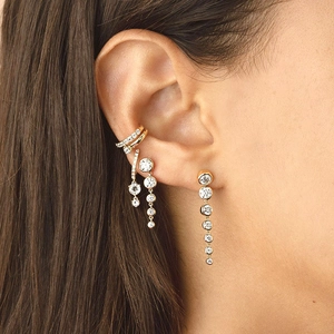 Gold-plated S925 silver stud earrings with sparkling cubic zirconia tassels and ear cuffs