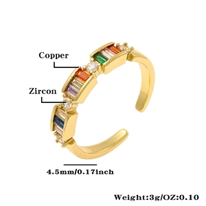 Detail view of adjustable gold copper ring with colorful cubic zirconias and 4.5mm band width