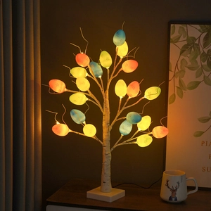 Close-up of Easter LED birch tree lights with colorful cracked egg covers and floral patterns
