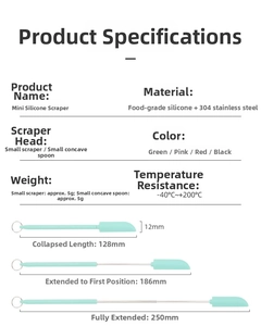 Size chart showing adjustable silicone spatula dimensions from 128mm to 250mm