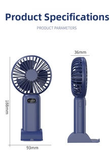 Detailed size diagram of navy blue handheld fan showing 188mm height and 5 speeds