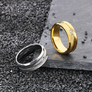 Herringbone textured stainless steel rings with center zircon stone for men