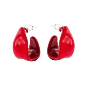 Handmade minimalist red enamel earrings with a polished drop shape and silver studs