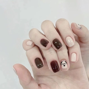 Faux Ongles À Presser Brillants Résine ABS Courts Carrés Chien Dessin Animé Marron Crème Élégant Femmes Quotidien