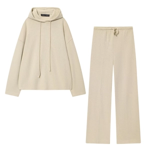 Women Knit Hoodie And Wide Leg Pants Loungewear Soft Casual Streetwear Long Sleeve Ribbed Texture Drawstring Outfit