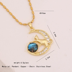 Detailed dimensions of crescent moon cat necklace with blue stone and gold chain
