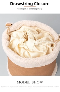Detail shot of vintage plush bucket bag with brown faux leather and soft lamb wool trim