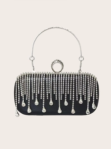 Rhinestone Evening Clutch Bag For Women Wedding Party Hard Shell Handbag With Tassel And Metal Ring Handle Chain Strap