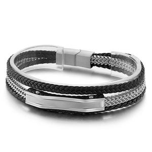 Men's multi-layer braided leather bracelet with stainless steel chain and magnetic clasp