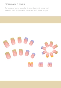 Detail of square french press-on nails with lavender and yellow tips on pink base