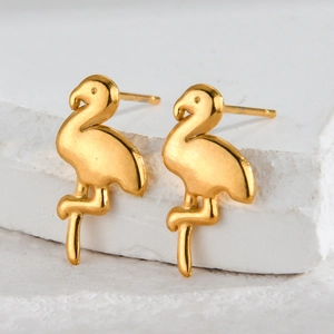 Chic 18K gold plated stainless steel flamingo stud earrings on a white stone background