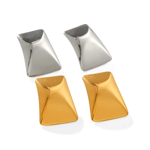 Polished 18K gold and silver stainless steel geometric stud earrings in a trapezoid design