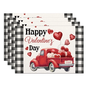 Set of 4 Valentine's Day linen placemats featuring vintage red truck and heart patterns
