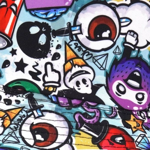 Graffiti print bucket hat featuring colorful cartoon patterns and durable twill fabric
