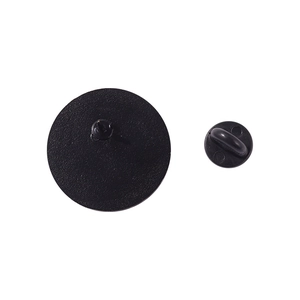 Black round metal badge back with a matching rubber butterfly clutch on white background