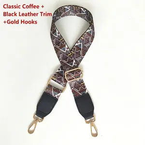 Detail of ethnic geometric strap in coffee and blue with gold lobster clasp