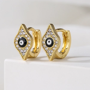 Gold-plated evil eye hoop earrings with zircon crystals and black enamel in diamond shape