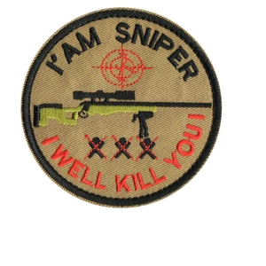Tactical embroidered SNIPER patch with Velcro backing for outdoor gear in khaki color