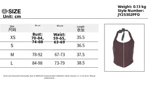 Maattabel voor sexy haltertop met open rug inclusief borst- en tailleafmetingen in cm