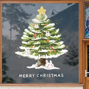 Grüner Weihnachtsbaum Fensteraufkleber mit Hasenschmuck und Merry Christmas Text