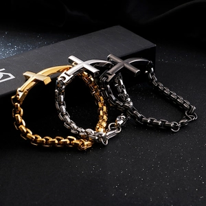 Hip hop titanium steel cross bracelets in gold, silver, and black on a gift box
