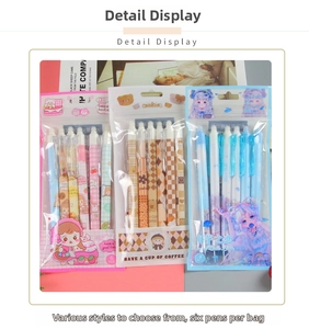 Three packs of 6-piece retractable erasable gel pens in pink, blue, and brown themes