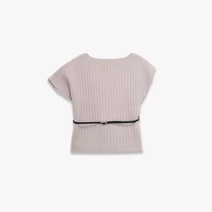 Ribbed Knit Top Women Short Sleeve Off Shoulder Sweater Urban Elegant With Thin Belt Gold Buckle Casual Knitwear