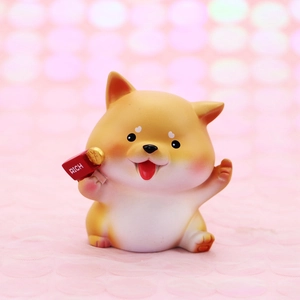 Cute Shiba Inu dog car ornament holding a gold RICH hammer on pink bokeh background