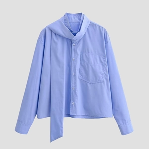 Women Long Sleeve Shirt Tie Neck Scarf Collar Solid Color Polyester Blouse With Chest Pocket Button Down Elegant