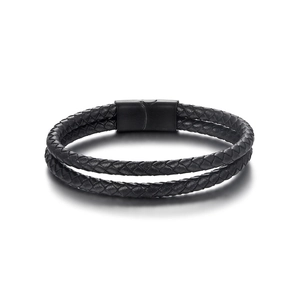 Men's double-layered black woven leather bracelet with magnetic metal clasp on white background