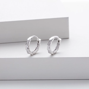 Minimalist S925 sterling silver bamboo hoop earrings with sparkling white cubic zirconia