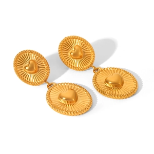 Gold stainless steel earrings with sunburst texture, heart motif, and twisted rope edge