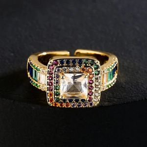 Exaggerated 18K gold plated copper ring with geometric multi-color zircon and square stone