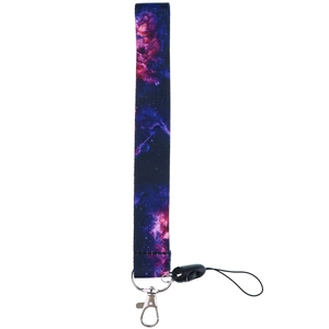Close-up of star nebula polyester lanyard with silver metal hook and phone strap attachment