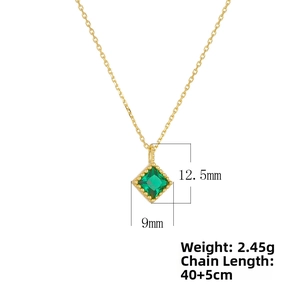 Detail view showing emerald-cut green zircon pendant dimensions 12.5mm by 9mm in gold