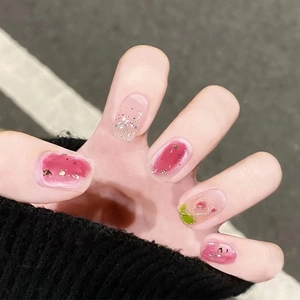 Press On Nails Pink Gradient Cherry Pattern Gold Foil Glitter Round Square Shape Plastic Artificial Fake Nails