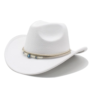White felt western cowboy hat featuring wide brim and blue evil eye decorative beads