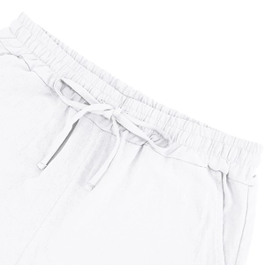 Detail of white linen shorts with adjustable drawstring and elastic waistband