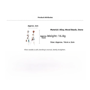 Detailed view of long bohemian wood bead and stone earrings with size dimensions