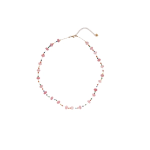Pink agate crystal beaded necklace with golden heart pendant and adjustable clasp