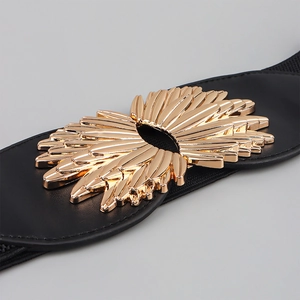 Elegant wide black elastic waist belt with a golden feather-shaped alloy metal buckle